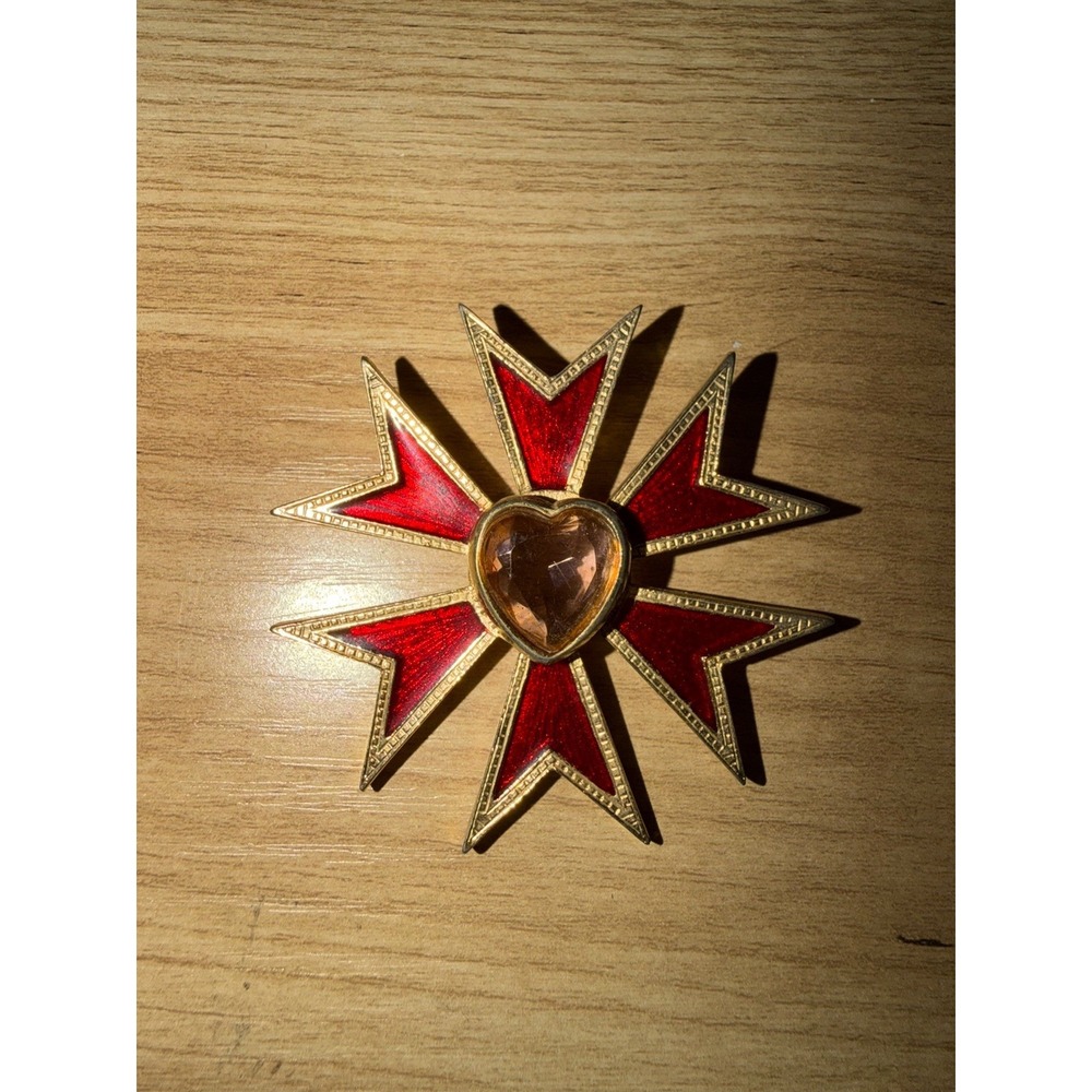 Vintage Gold Tone Maltese Cross Brooch Red and Gold Yellow Heart